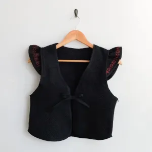 Amelia Flutter Sleeve Vest Black with Red Embroidery XXS095