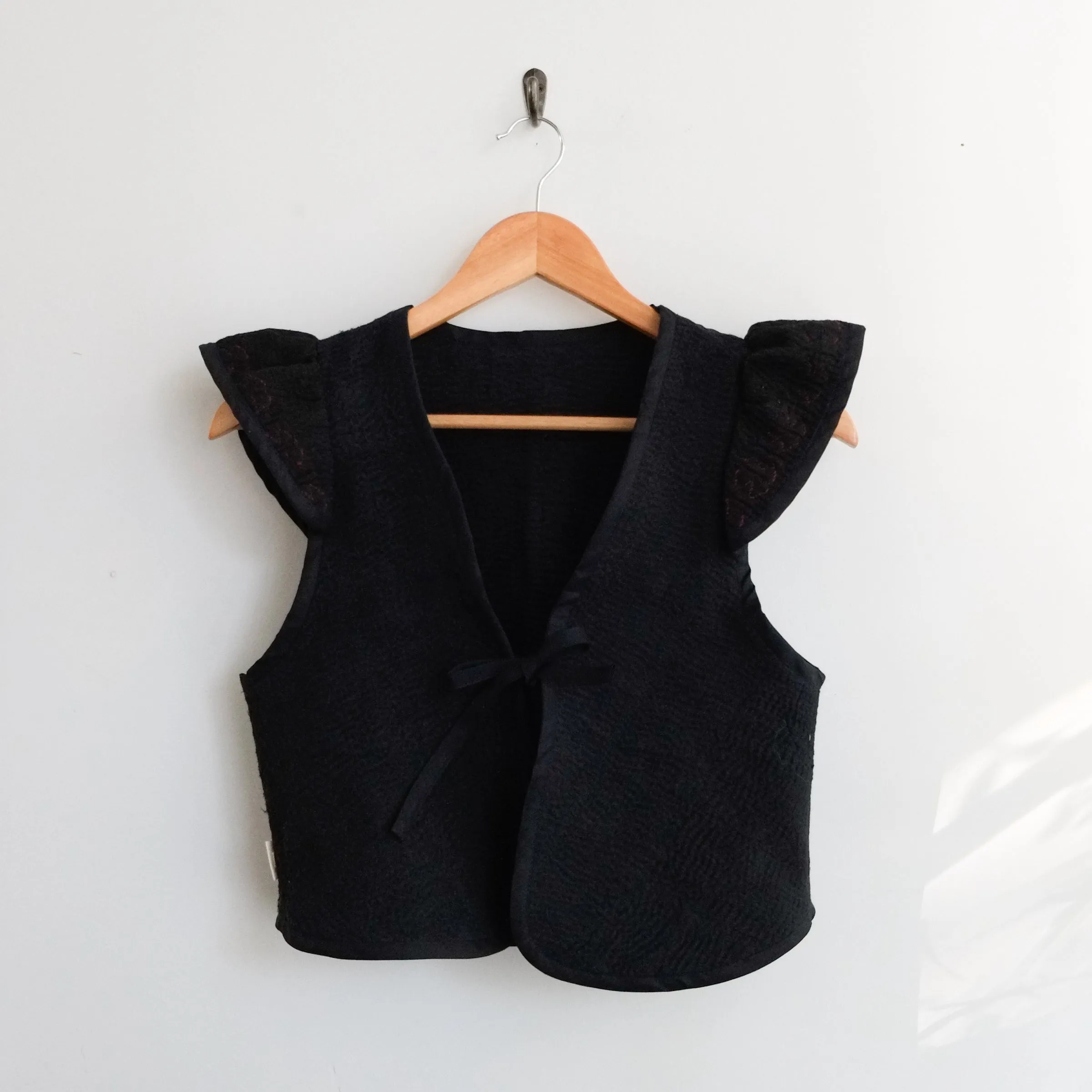 Amelia Flutter Sleeve Vest Black with Red Embroidery XXS095