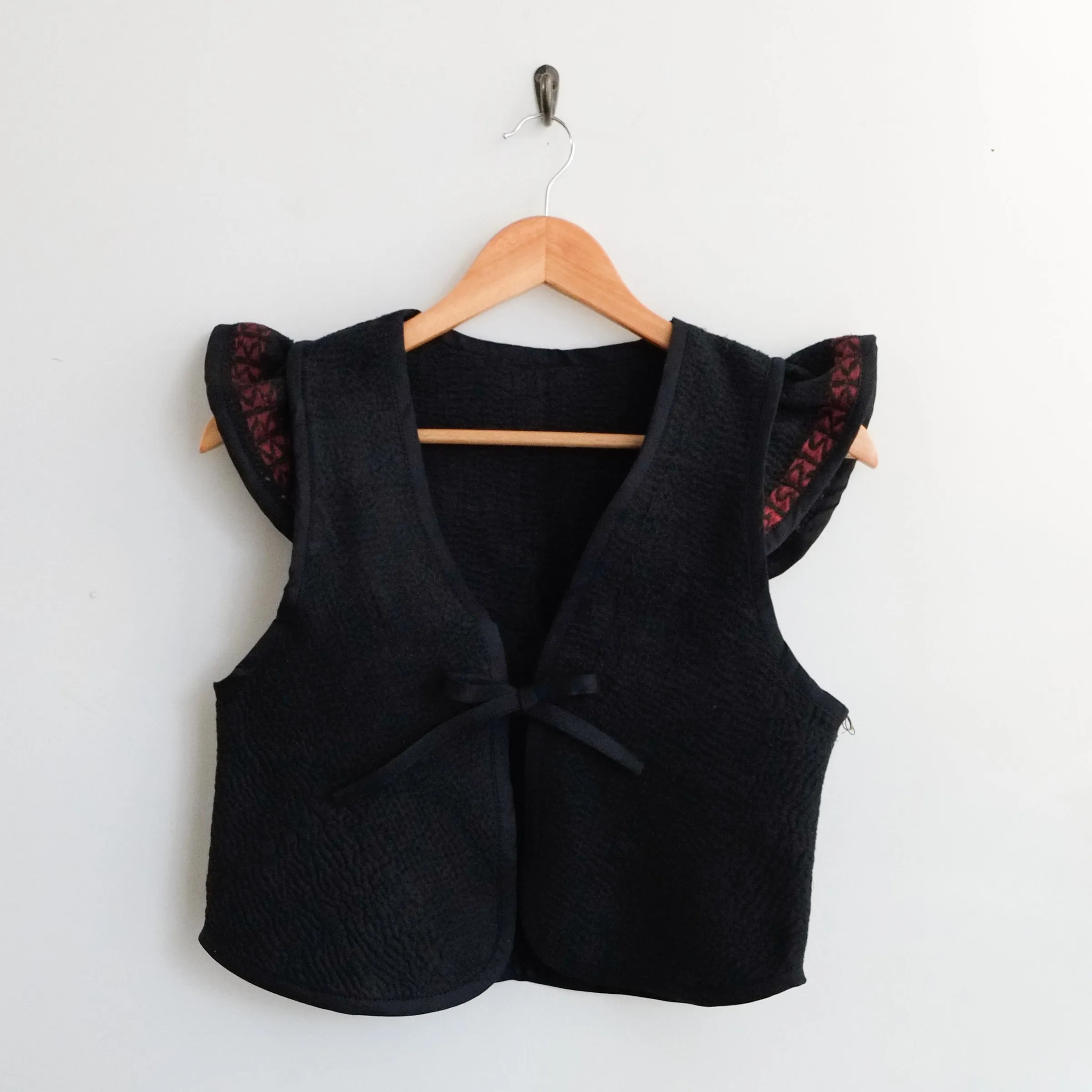 Amelia Flutter Sleeve Vest Black with Red Embroidery XXS095