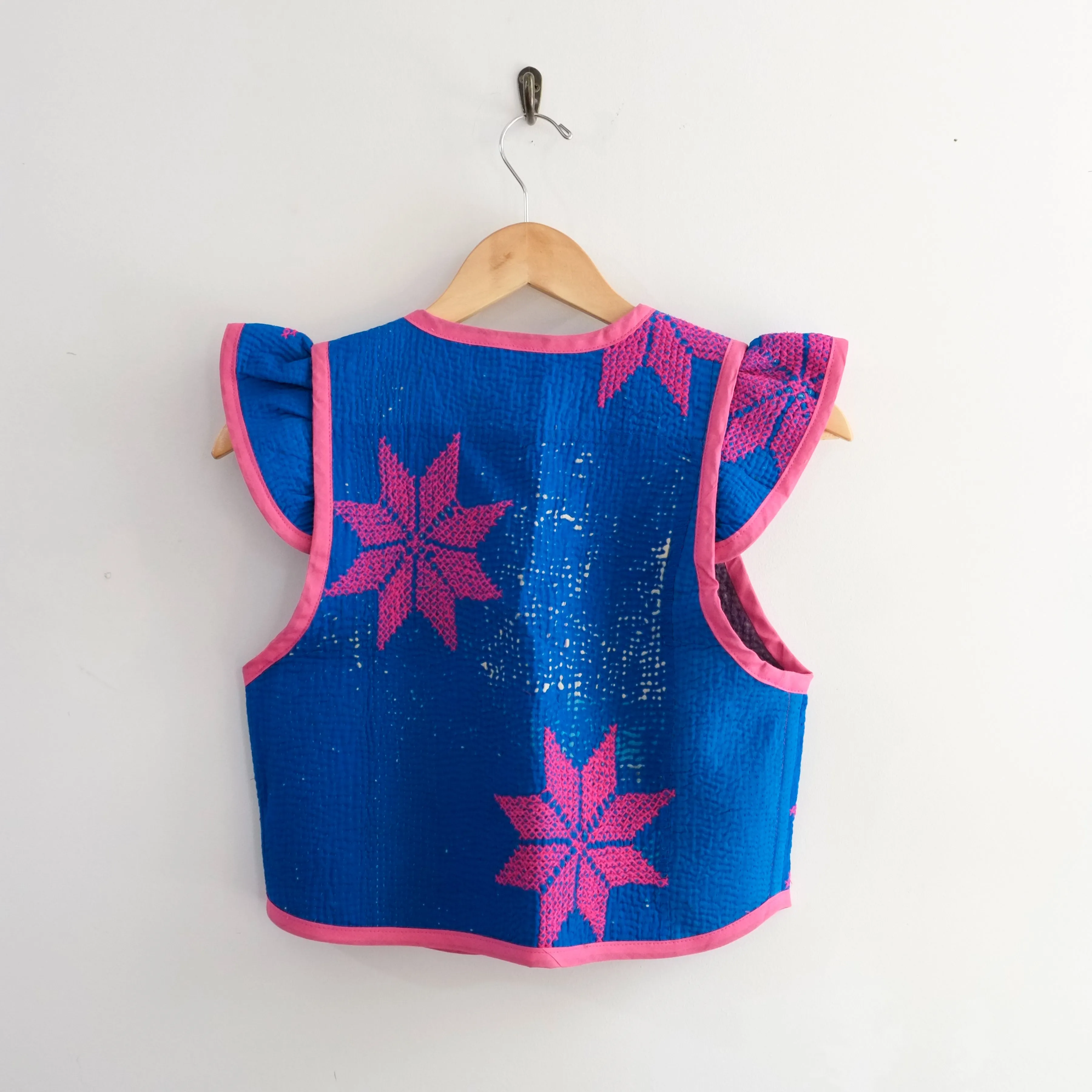 Amelia Flutter Sleeve Vest Blue with Pink Embroidered Flower XXS004