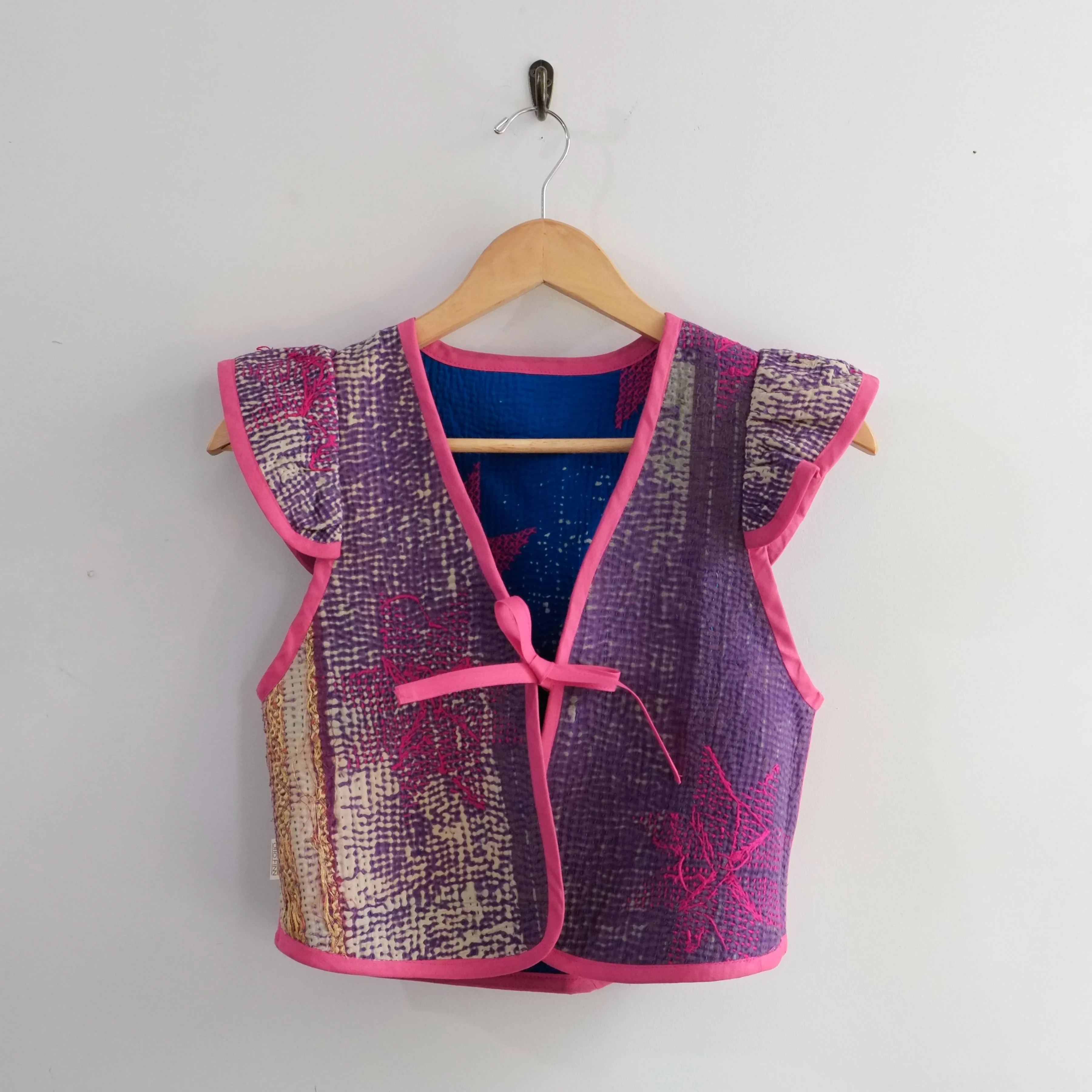 Amelia Flutter Sleeve Vest Blue with Pink Embroidered Flower XXS004