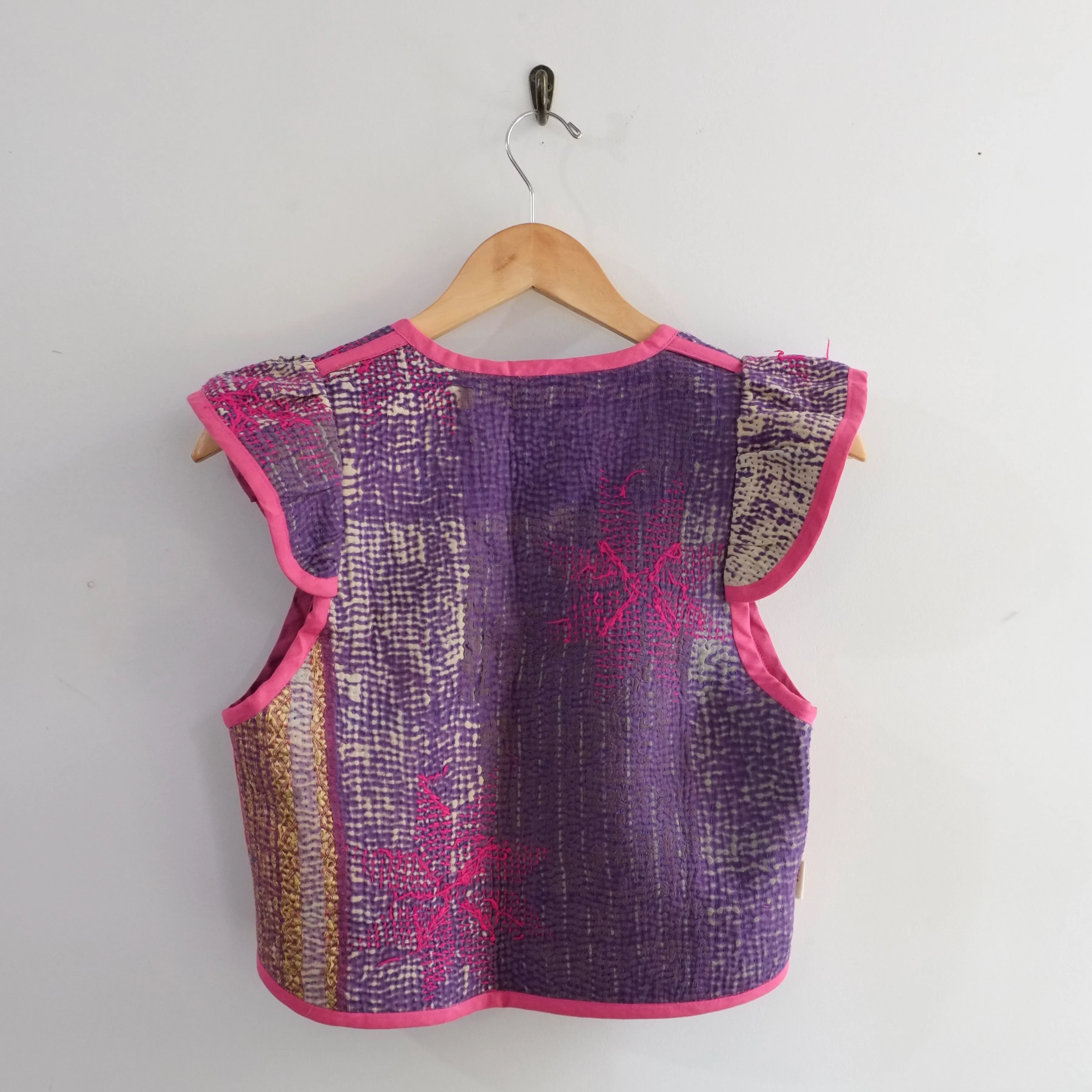 Amelia Flutter Sleeve Vest Blue with Pink Embroidered Flower XXS004