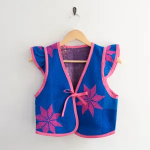 Amelia Flutter Sleeve Vest Blue with Pink Embroidered Flower XXS004