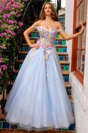 Baby Blue Off Shoulder 3D Floral Applique A Line Ball Gown