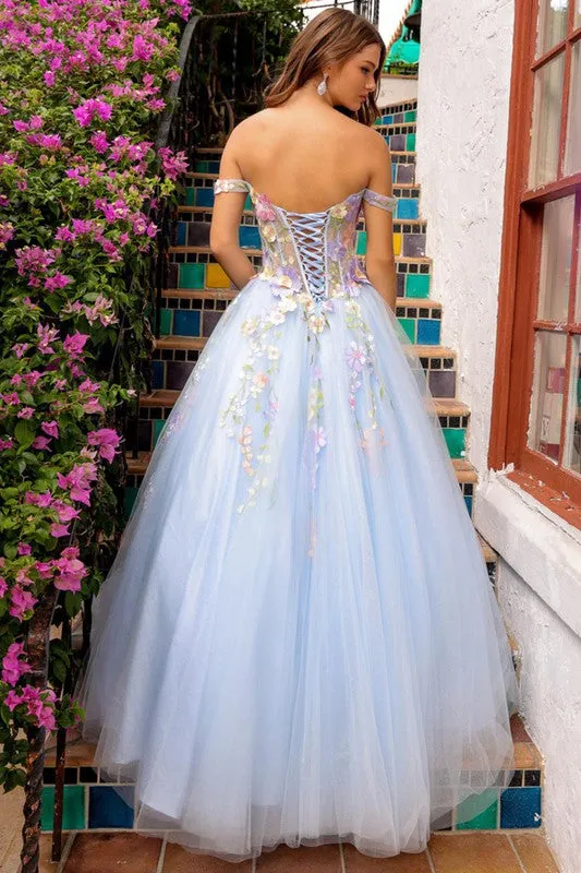 Baby Blue Off Shoulder 3D Floral Applique A Line Ball Gown