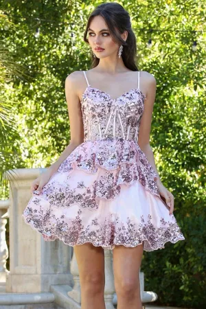 Blush Sequin Embroidery Tier Short Dress
