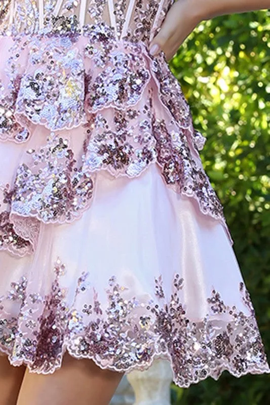 Blush Sequin Embroidery Tier Short Dress