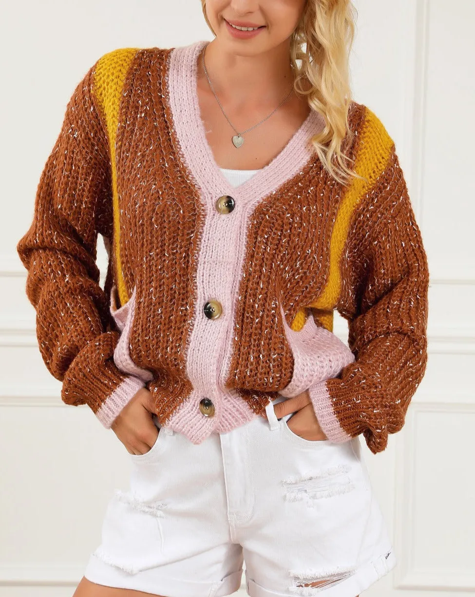Colorblock Buttoned Sweater Cardigan w/Pockets