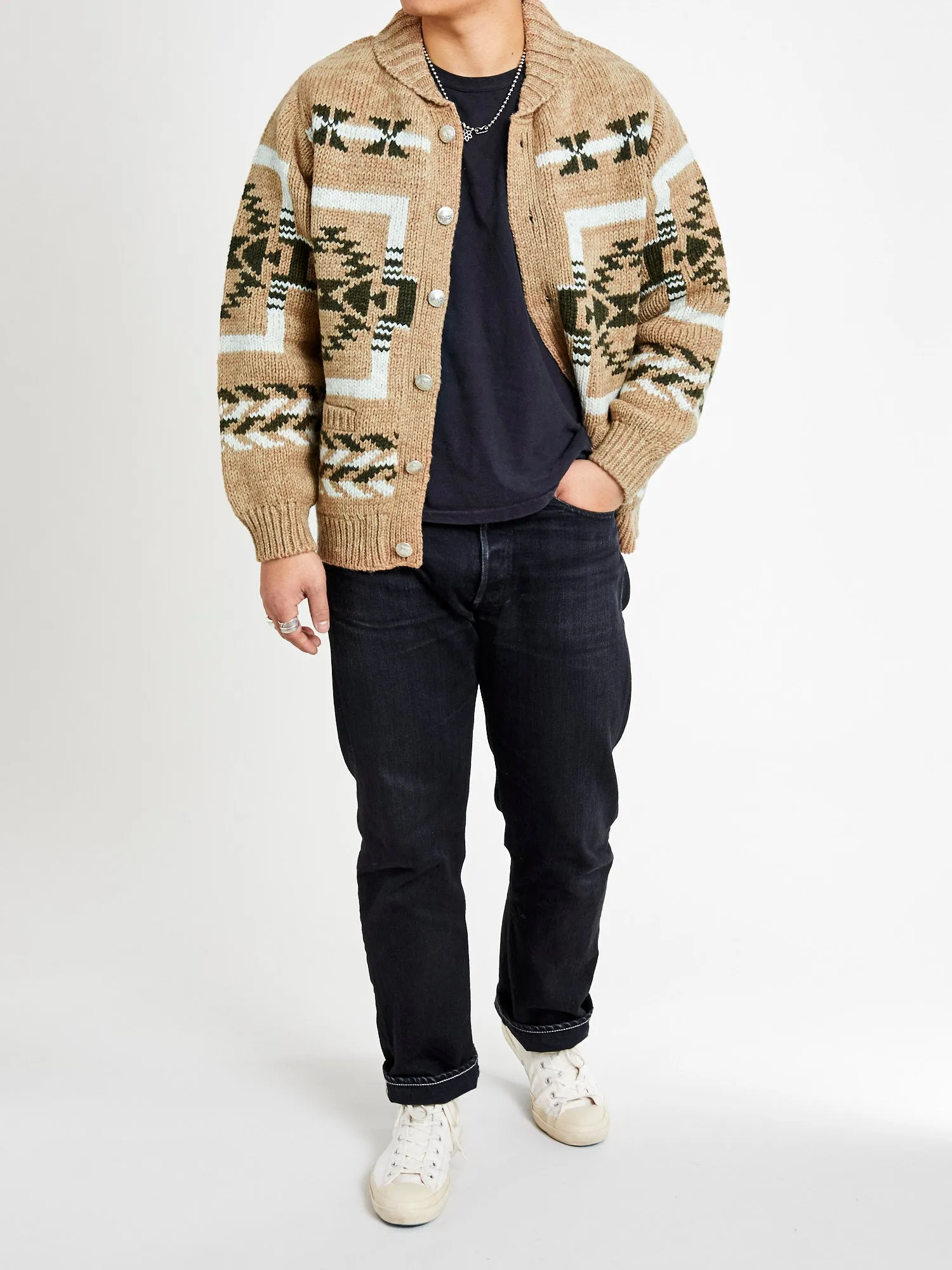 Cowichan Handknit Cardigan Sweater in Beige
