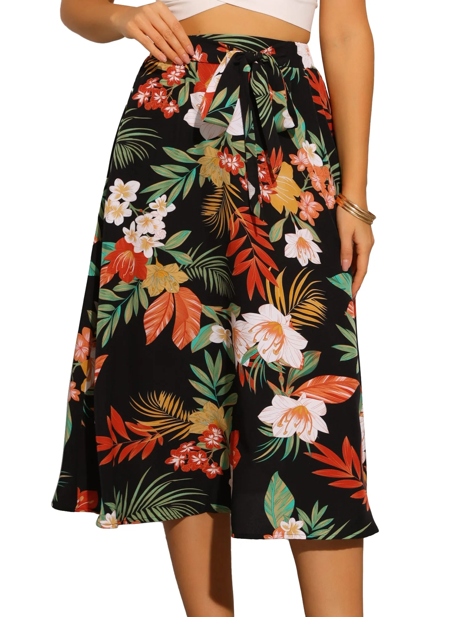 Floral Tropical Pocketed Elastic Waist Flowy Midi Skirt