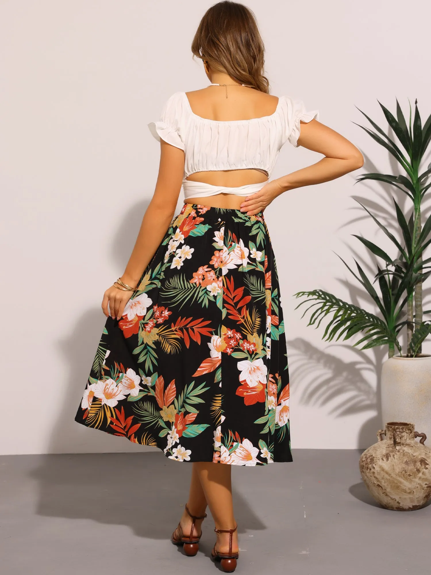 Floral Tropical Pocketed Elastic Waist Flowy Midi Skirt