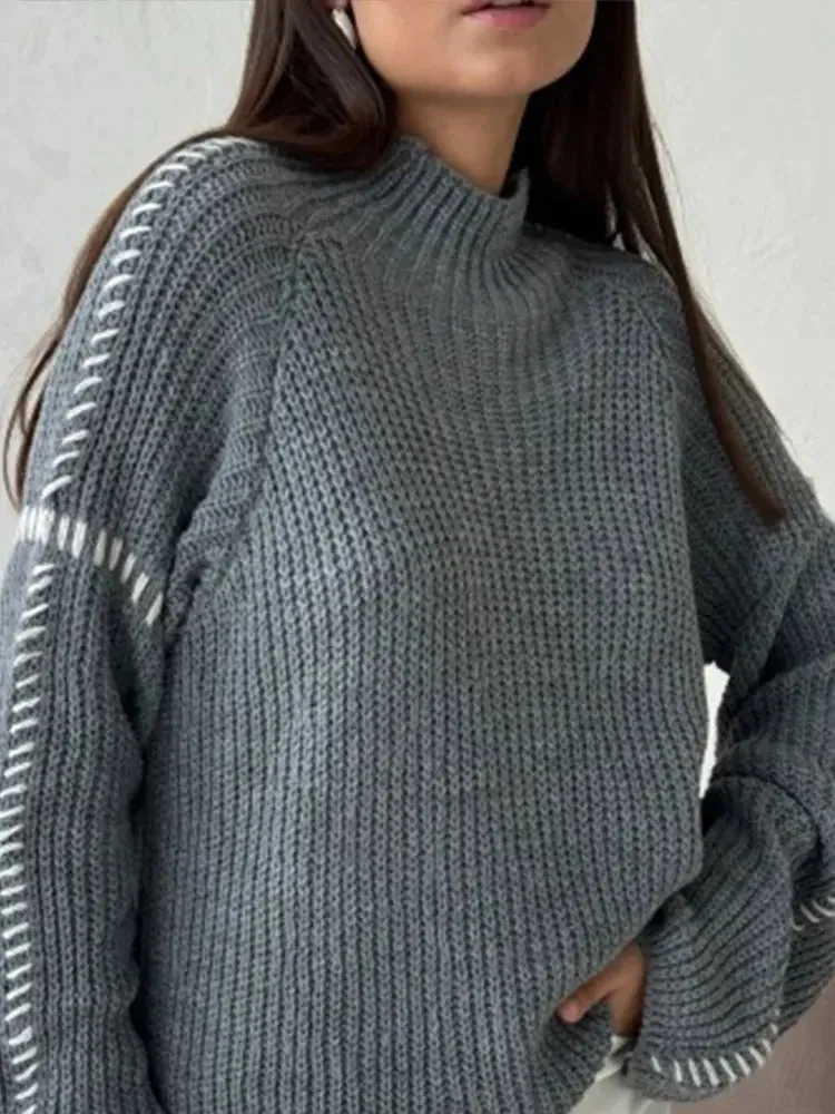 Flytonn-Christmas Thanksgiving Gift New Year's Eve Casual Outfits High Neck Solid Color Fashion Woman Sweater Versatile Full Sleeve Loose Turtleneck 2024 Lady Autumn Street Pullover