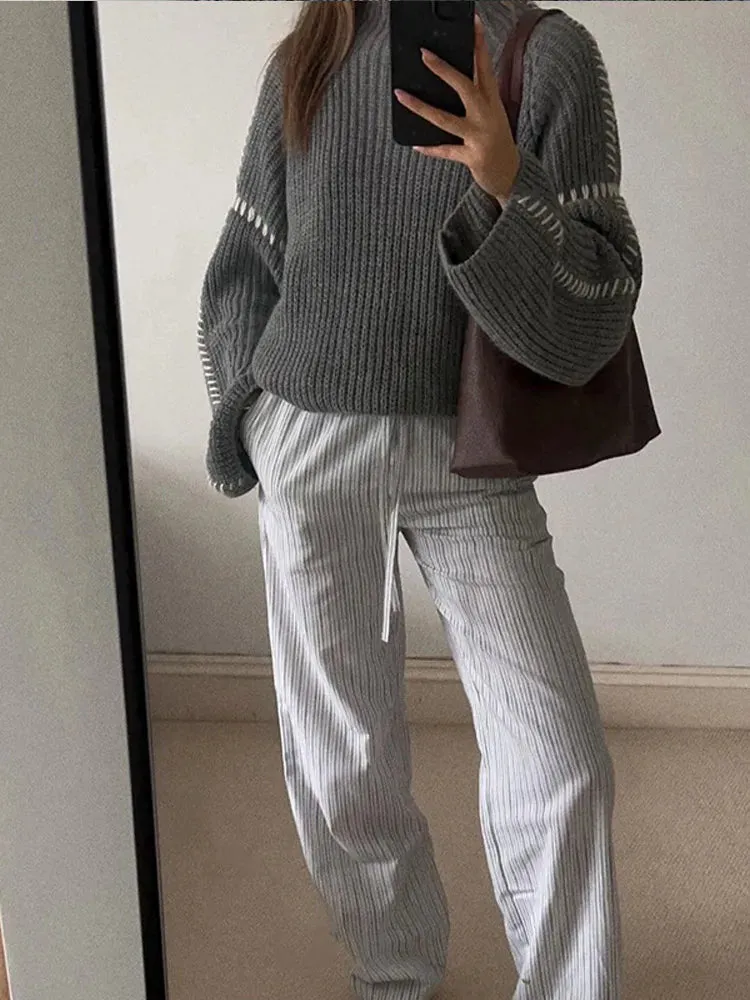 Flytonn-Christmas Thanksgiving Gift New Year's Eve Casual Outfits High Neck Solid Color Fashion Woman Sweater Versatile Full Sleeve Loose Turtleneck 2024 Lady Autumn Street Pullover