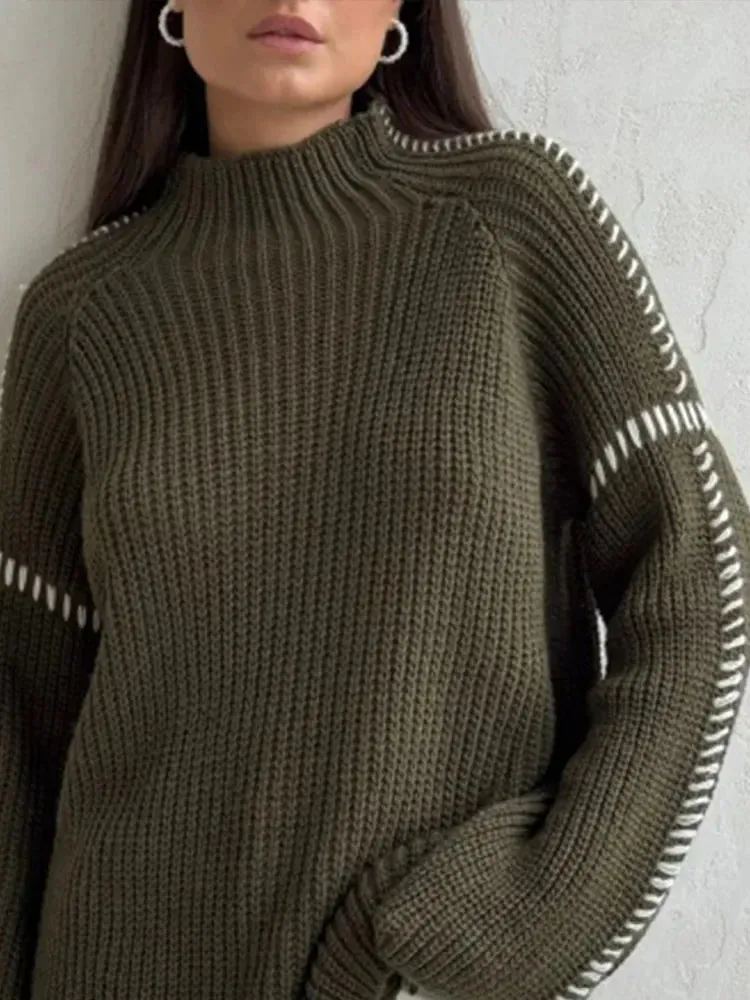 Flytonn-Christmas Thanksgiving Gift New Year's Eve Casual Outfits High Neck Solid Color Fashion Woman Sweater Versatile Full Sleeve Loose Turtleneck 2024 Lady Autumn Street Pullover