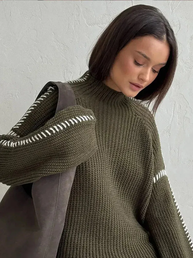 Flytonn-Christmas Thanksgiving Gift New Year's Eve Casual Outfits High Neck Solid Color Fashion Woman Sweater Versatile Full Sleeve Loose Turtleneck 2024 Lady Autumn Street Pullover