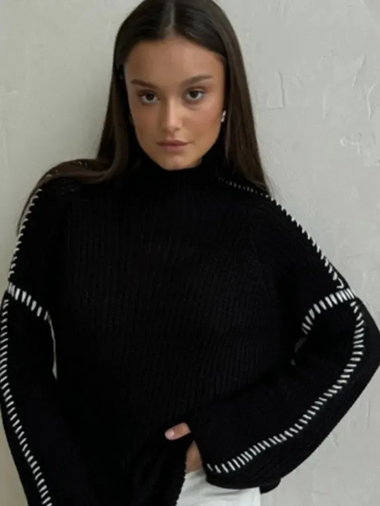 Flytonn-Christmas Thanksgiving Gift New Year's Eve Casual Outfits High Neck Solid Color Fashion Woman Sweater Versatile Full Sleeve Loose Turtleneck 2024 Lady Autumn Street Pullover