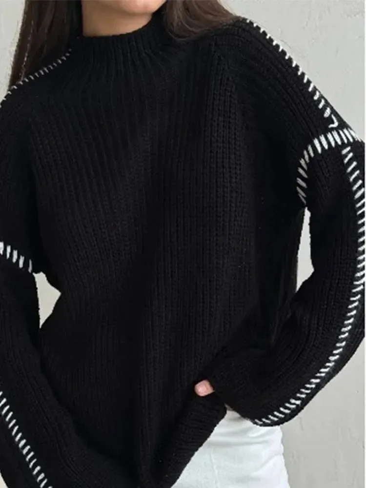 Flytonn-Christmas Thanksgiving Gift New Year's Eve Casual Outfits High Neck Solid Color Fashion Woman Sweater Versatile Full Sleeve Loose Turtleneck 2024 Lady Autumn Street Pullover