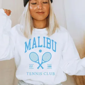 Flytonn-Retro sports style outfit streetwear 90s fashion 2024 Autumn New Malibu Tennis Club Graphic Printing Women White Sweatshirt Vintage Style Long Sleeve Loose Cotton Thick Pullover