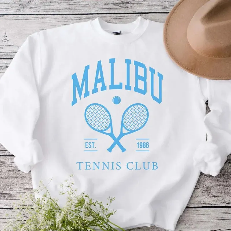 Flytonn-Retro sports style outfit streetwear 90s fashion 2024 Autumn New Malibu Tennis Club Graphic Printing Women White Sweatshirt Vintage Style Long Sleeve Loose Cotton Thick Pullover