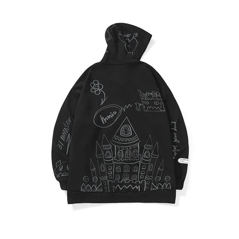 Hand-painted castle print label hooded drawstring sleeved cotton hoodie