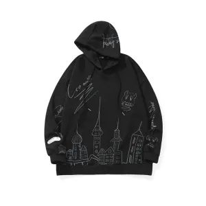Hand-painted castle print label hooded drawstring sleeved cotton hoodie