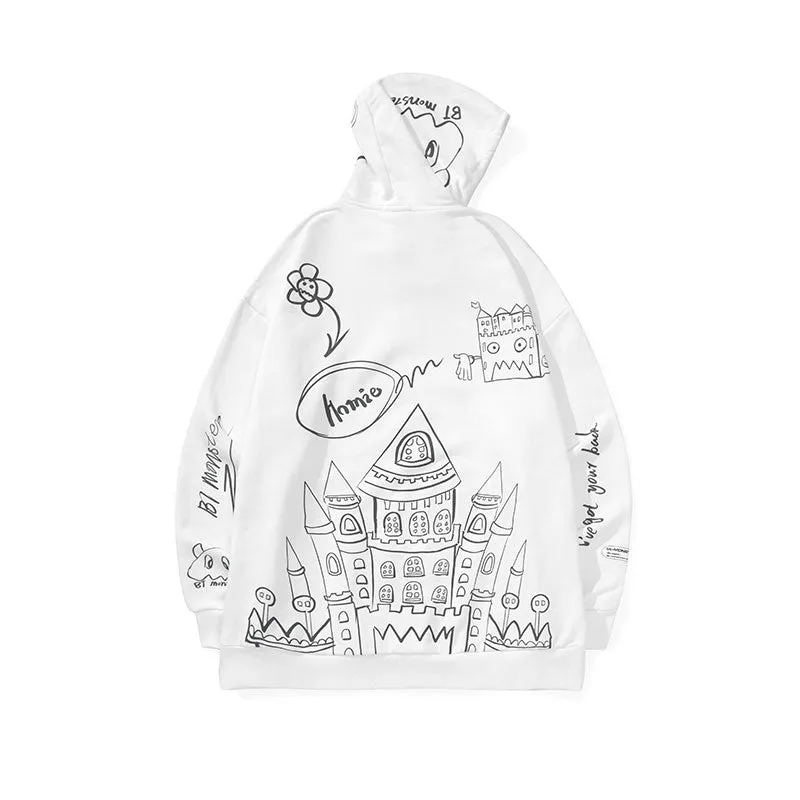Hand-painted castle print label hooded drawstring sleeved cotton hoodie
