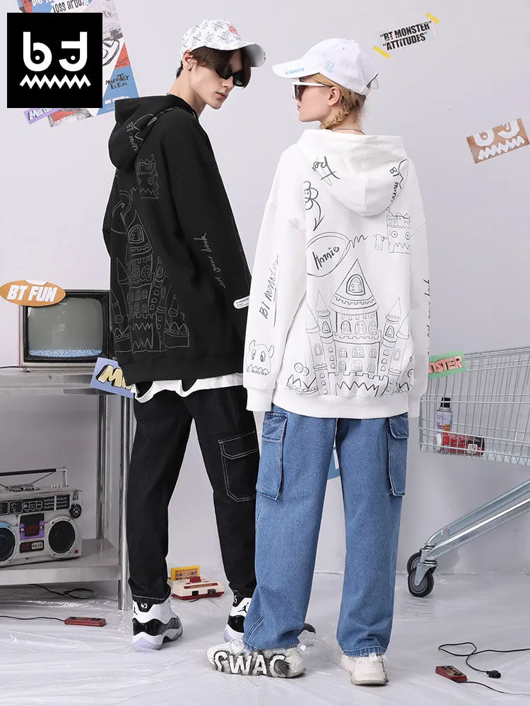 Hand-painted castle print label hooded drawstring sleeved cotton hoodie