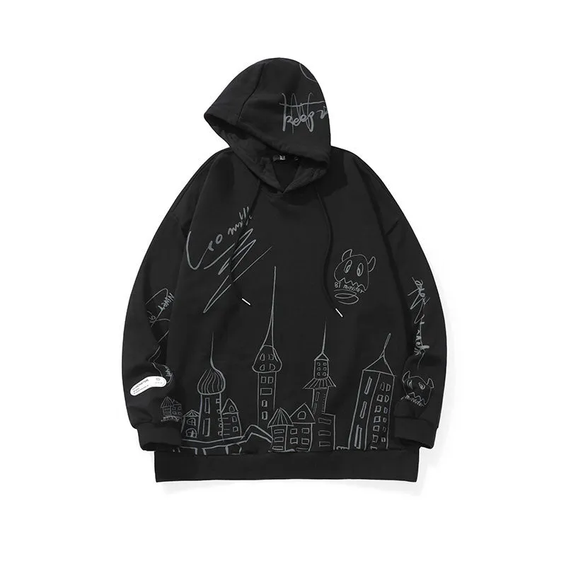 Hand-painted castle print label hooded drawstring sleeved cotton hoodie