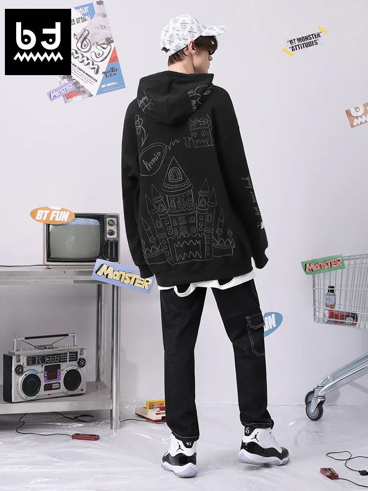 Hand-painted castle print label hooded drawstring sleeved cotton hoodie