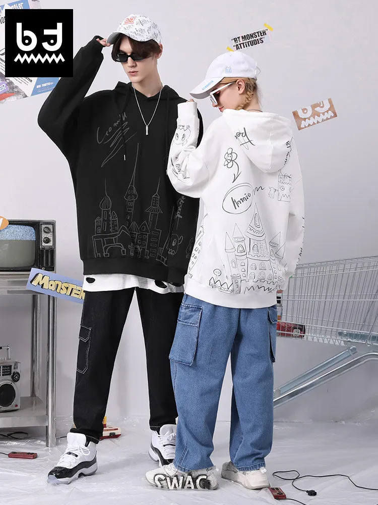 Hand-painted castle print label hooded drawstring sleeved cotton hoodie