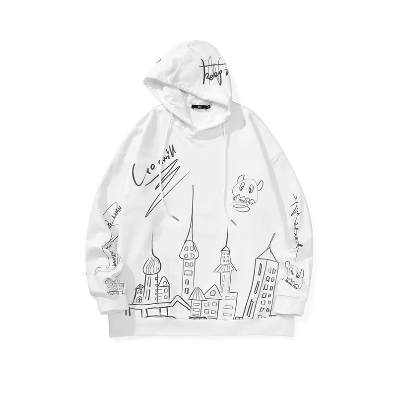 Hand-painted castle print label hooded drawstring sleeved cotton hoodie