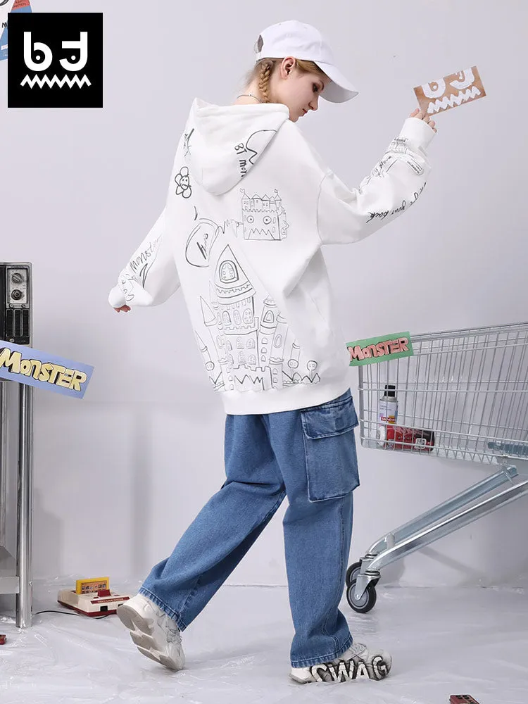 Hand-painted castle print label hooded drawstring sleeved cotton hoodie