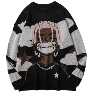 Harajuku vintage cartoon anime knitted sweater men winter men's rock hip hop rap pullover women jumper ugly sweater