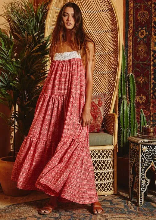 Lace Contrast Tiered Maxi Dress Made in USA