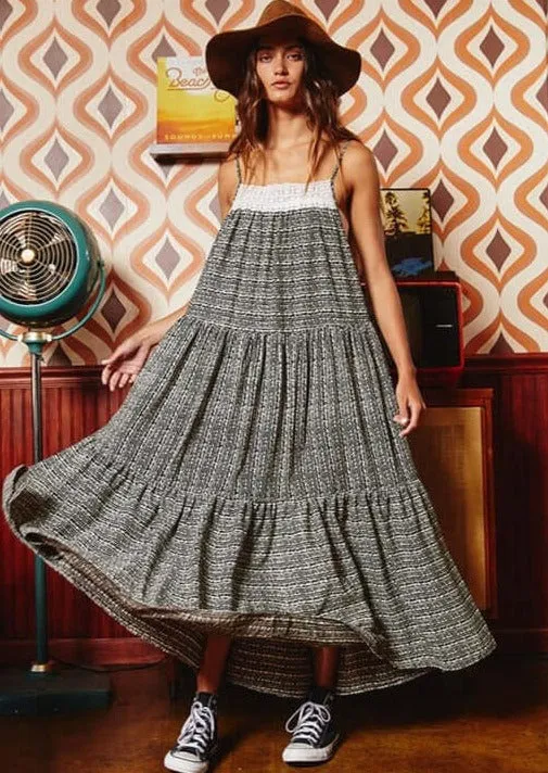 Lace Contrast Tiered Maxi Dress Made in USA