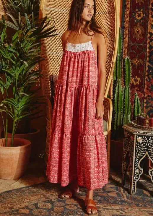 Lace Contrast Tiered Maxi Dress Made in USA