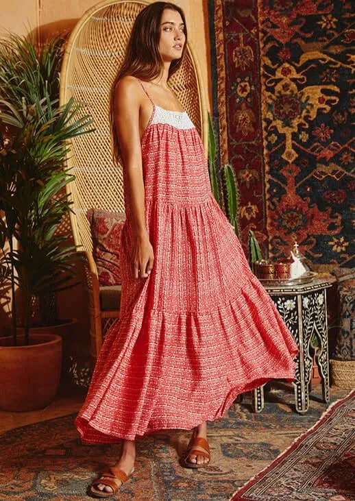 Lace Contrast Tiered Maxi Dress Made in USA