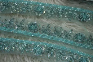 Light Blue Floral Sequins and Beads Handwork Embroidered Border