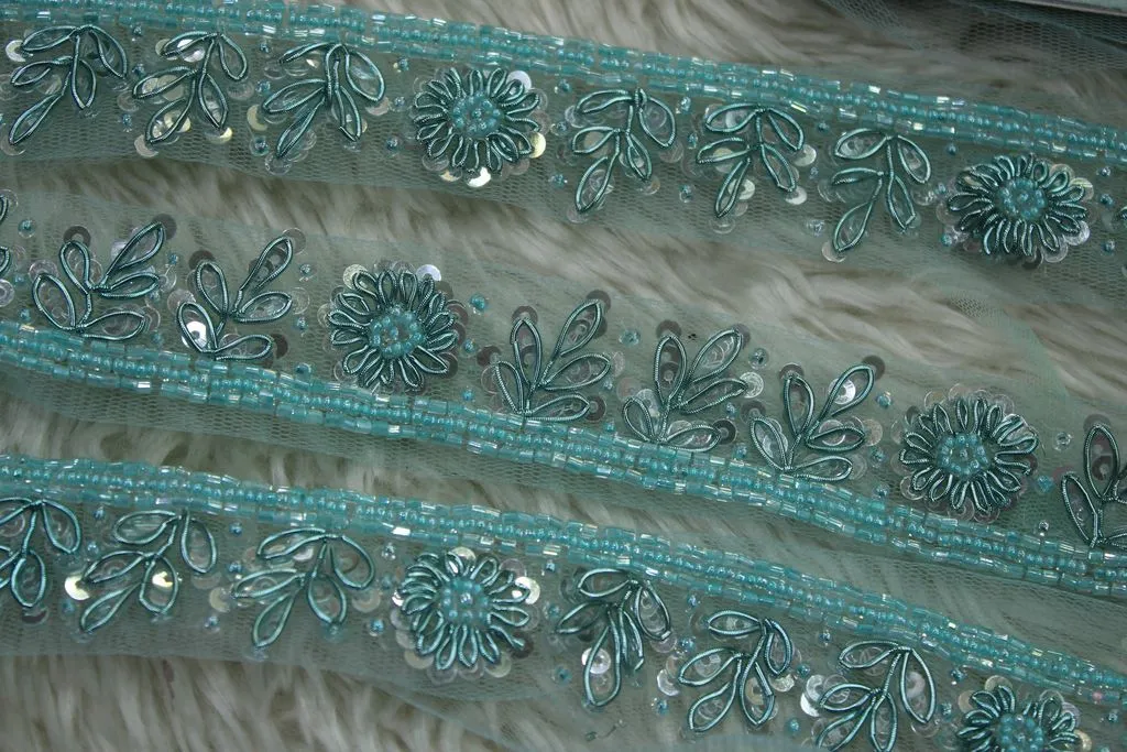 Light Blue Floral Sequins and Beads Handwork Embroidered Border