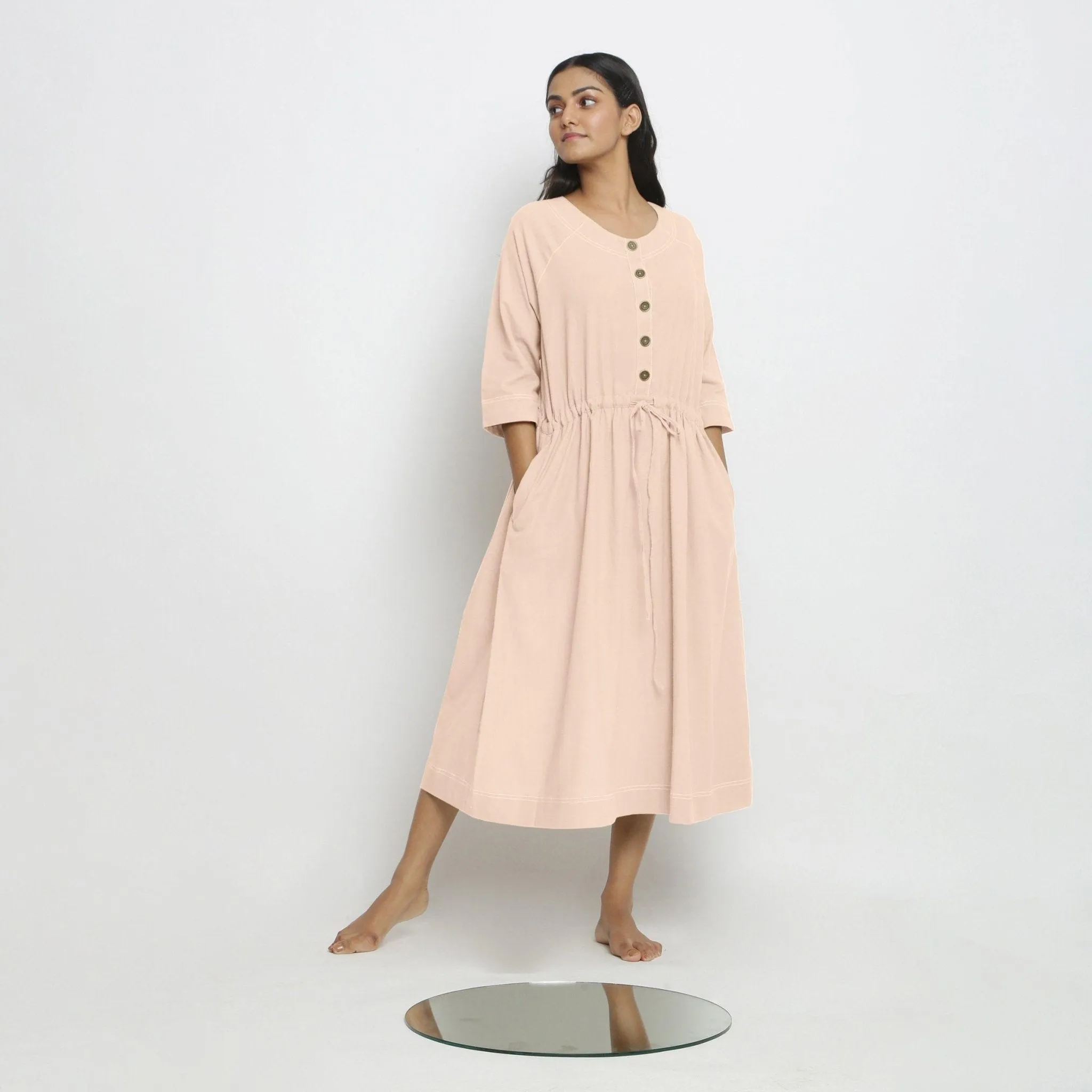 Light Pink Handspun Cotton Button-Down Midi Dress