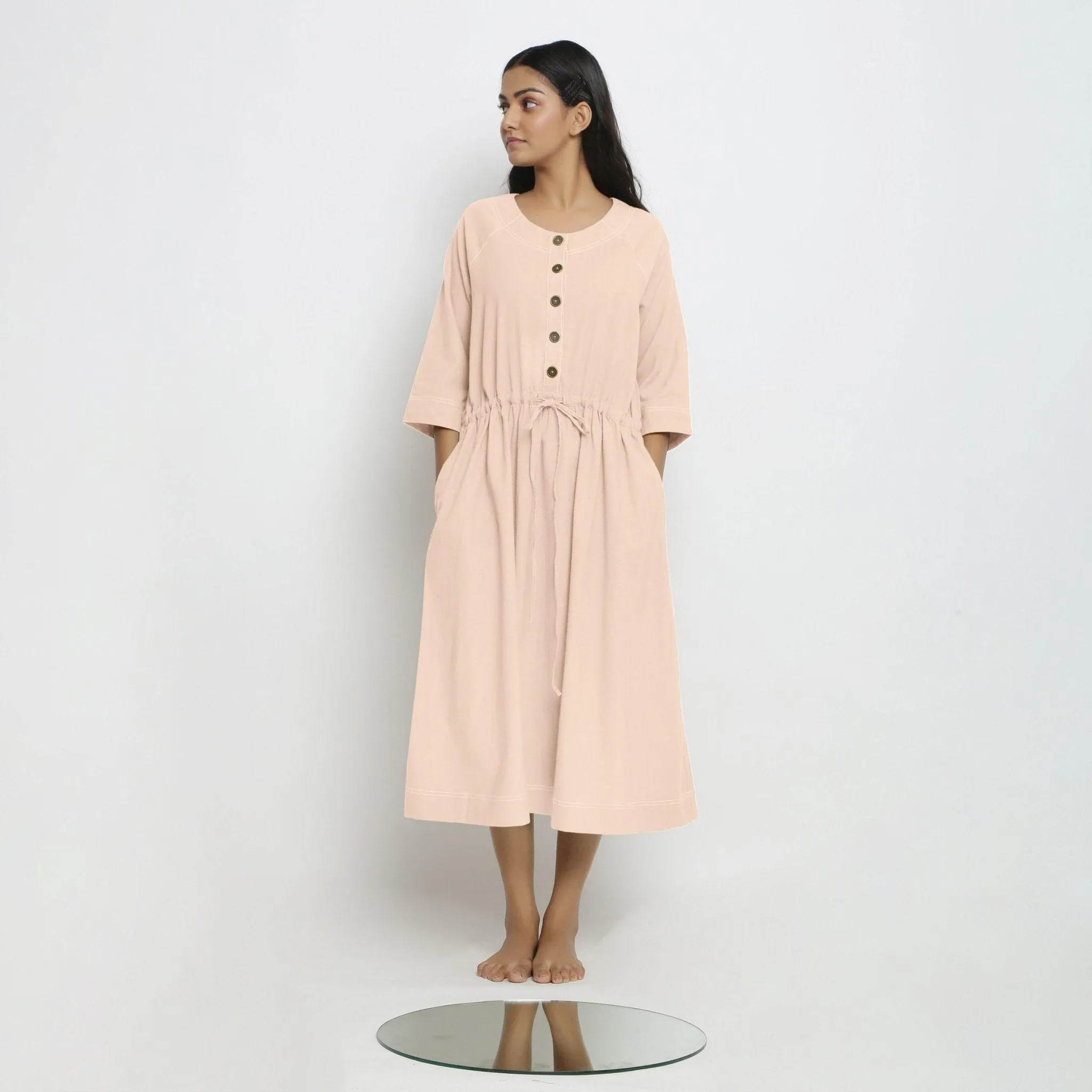 Light Pink Handspun Cotton Button-Down Midi Dress