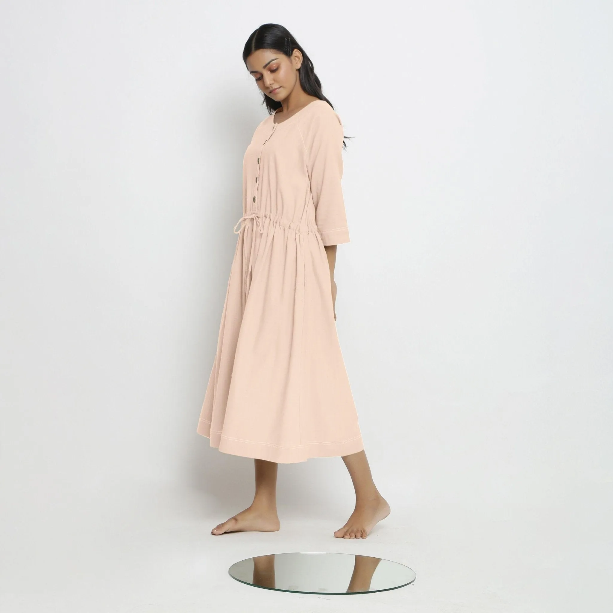 Light Pink Handspun Cotton Button-Down Midi Dress