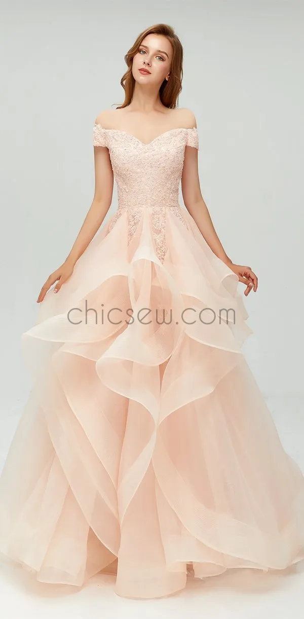 Off the Shoulder Organza Popular Vintage Modest Long Prom Dresses  Online LMX1101