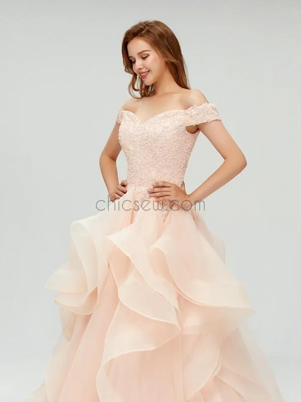 Off the Shoulder Organza Popular Vintage Modest Long Prom Dresses  Online LMX1101