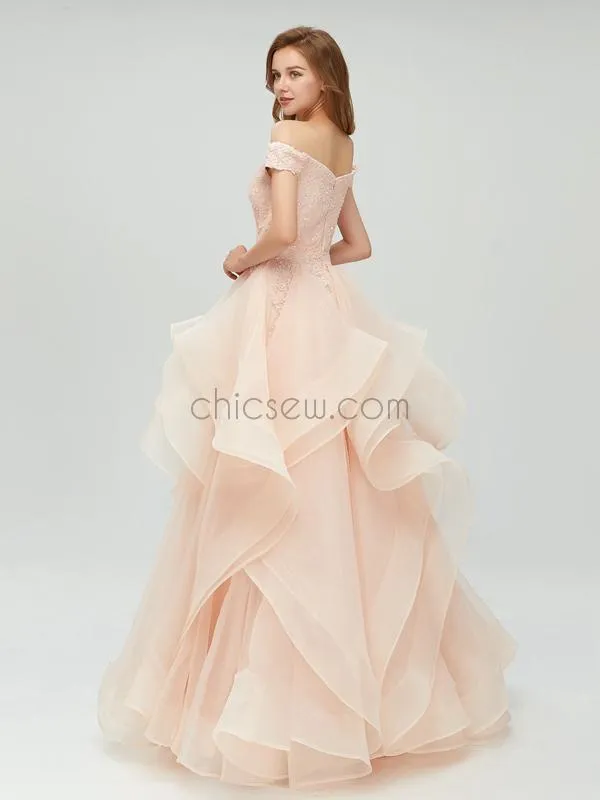Off the Shoulder Organza Popular Vintage Modest Long Prom Dresses  Online LMX1101