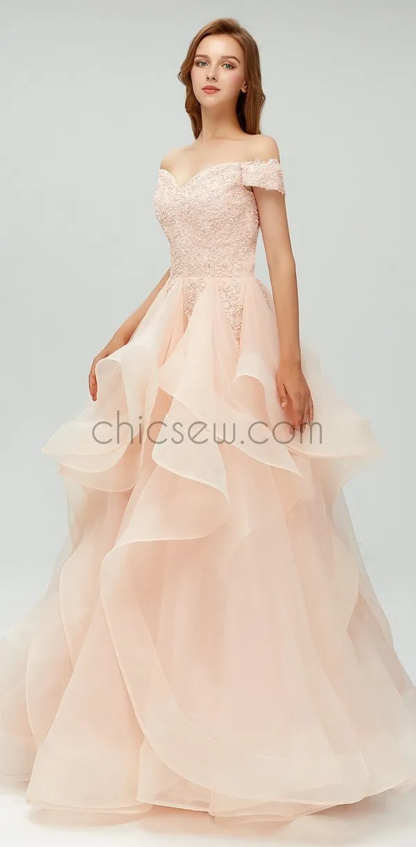 Off the Shoulder Organza Popular Vintage Modest Long Prom Dresses  Online LMX1101