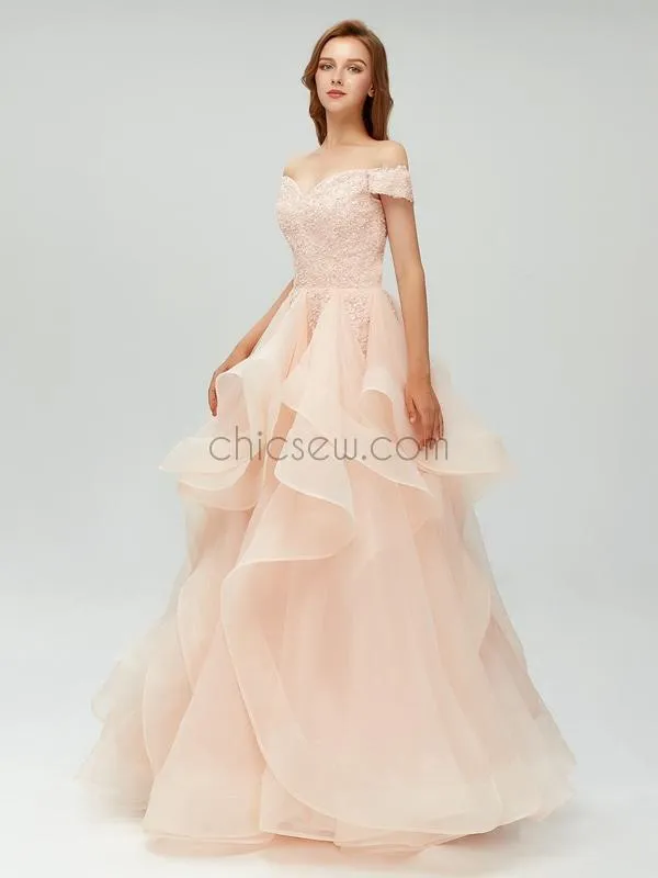Off the Shoulder Organza Popular Vintage Modest Long Prom Dresses  Online LMX1101
