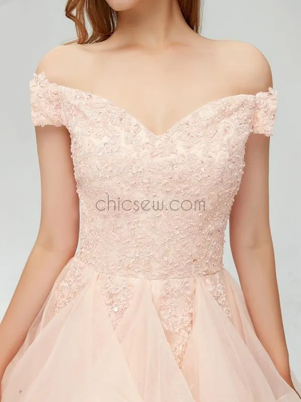 Off the Shoulder Organza Popular Vintage Modest Long Prom Dresses  Online LMX1101