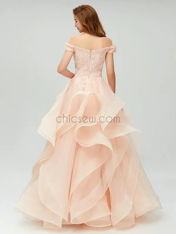 Off the Shoulder Organza Popular Vintage Modest Long Prom Dresses  Online LMX1101