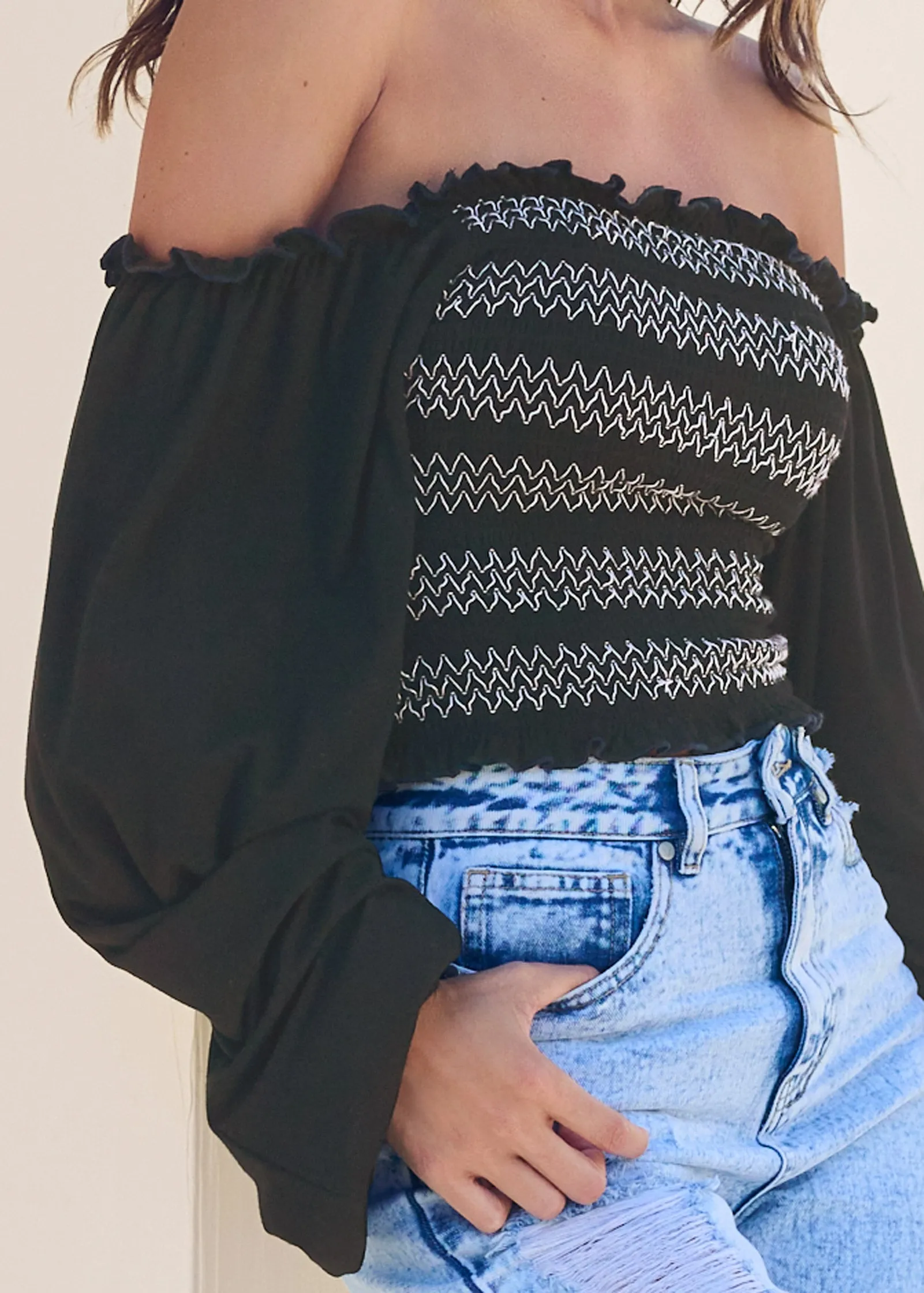 Off-The-Shoulder Smock Top - Black